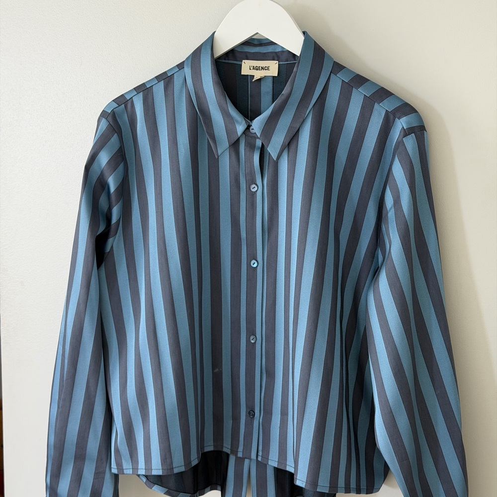 L'AGENCE Womens Blue and Black Striped Button Down Shirt